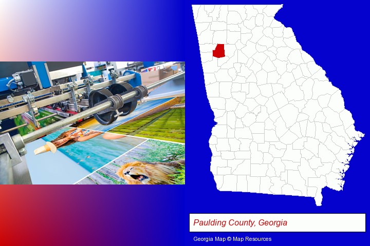 a press run on an offset printer; Paulding County, Georgia highlighted in red on a map