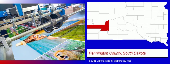 a press run on an offset printer; Pennington County, South Dakota highlighted in red on a map