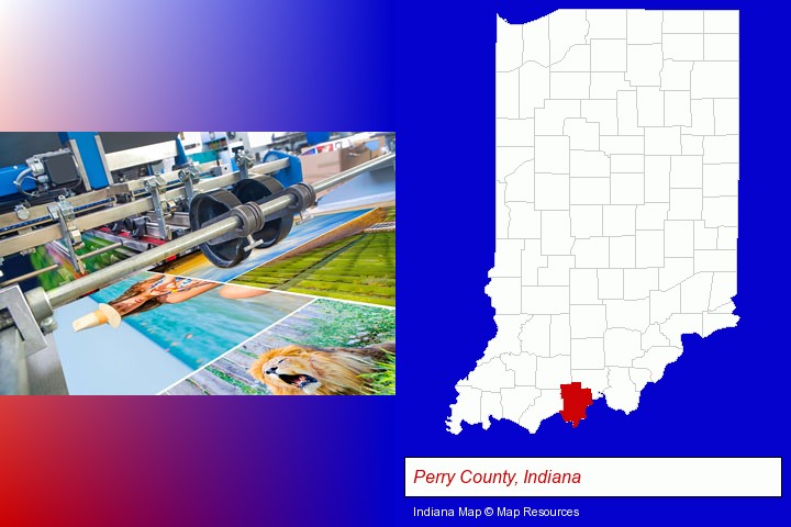 a press run on an offset printer; Perry County, Indiana highlighted in red on a map