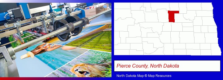 a press run on an offset printer; Pierce County, North Dakota highlighted in red on a map