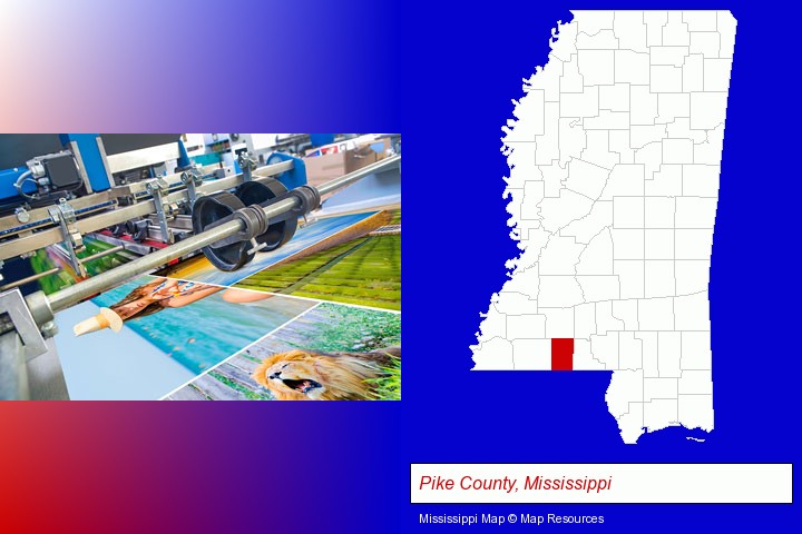 a press run on an offset printer; Pike County, Mississippi highlighted in red on a map