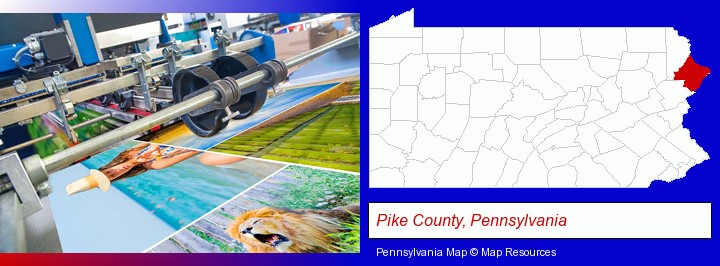 a press run on an offset printer; Pike County, Pennsylvania highlighted in red on a map