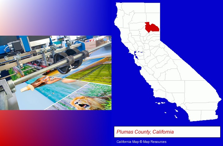a press run on an offset printer; Plumas County, California highlighted in red on a map