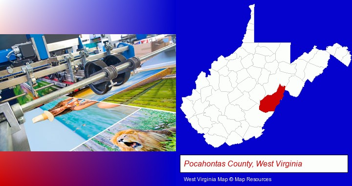 a press run on an offset printer; Pocahontas County, West Virginia highlighted in red on a map