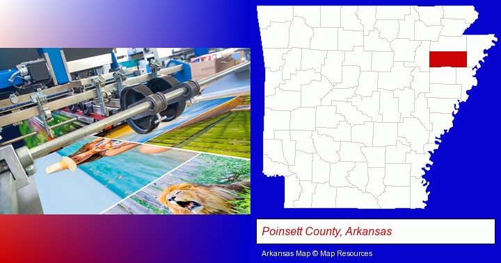 a press run on an offset printer; Poinsett County, Arkansas highlighted in red on a map