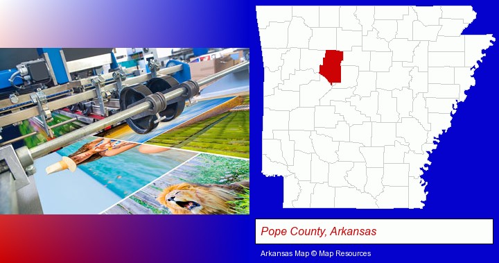 a press run on an offset printer; Pope County, Arkansas highlighted in red on a map
