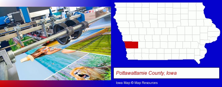 a press run on an offset printer; Pottawattamie County, Iowa highlighted in red on a map