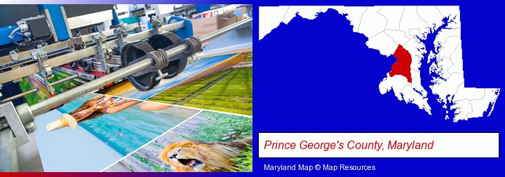 a press run on an offset printer; Prince George's County, Maryland highlighted in red on a map