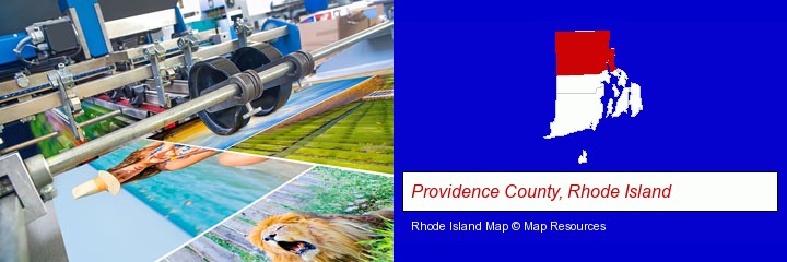 a press run on an offset printer; Providence County, Rhode Island highlighted in red on a map