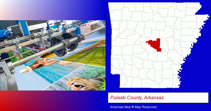 a press run on an offset printer; Pulaski County, Arkansas highlighted in red on a map