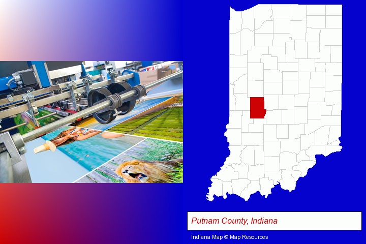 a press run on an offset printer; Putnam County, Indiana highlighted in red on a map