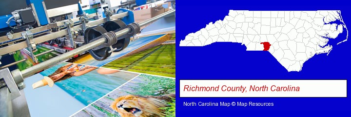 a press run on an offset printer; Richmond County, North Carolina highlighted in red on a map