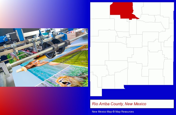 a press run on an offset printer; Rio Arriba County, New Mexico highlighted in red on a map
