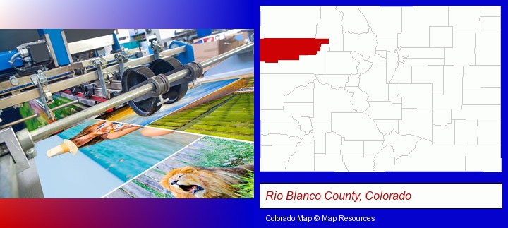 a press run on an offset printer; Rio Blanco County, Colorado highlighted in red on a map