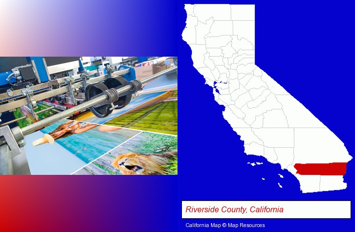a press run on an offset printer; Riverside County, California highlighted in red on a map
