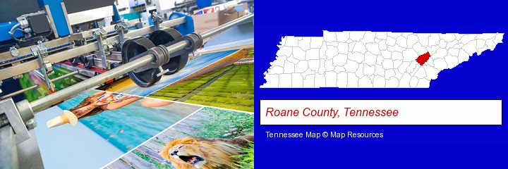 a press run on an offset printer; Roane County, Tennessee highlighted in red on a map