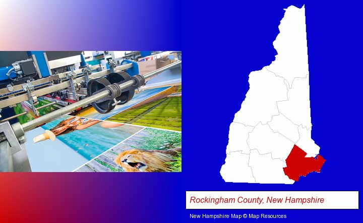 a press run on an offset printer; Rockingham County, New Hampshire highlighted in red on a map
