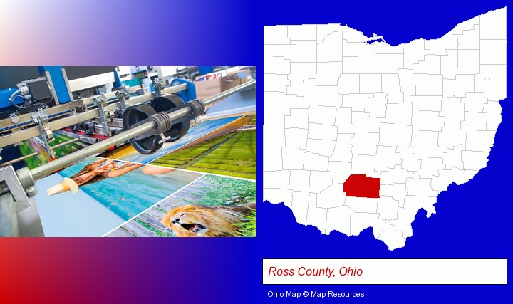 a press run on an offset printer; Ross County, Ohio highlighted in red on a map