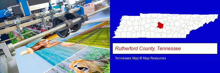 a press run on an offset printer; Rutherford County, Tennessee highlighted in red on a map