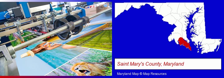 a press run on an offset printer; Saint Mary's County, Maryland highlighted in red on a map