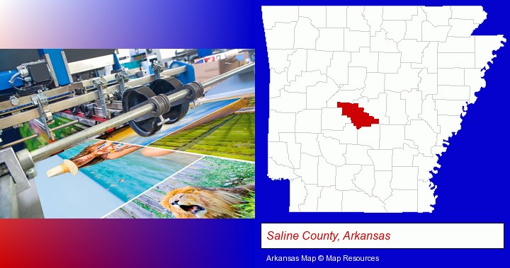 a press run on an offset printer; Saline County, Arkansas highlighted in red on a map