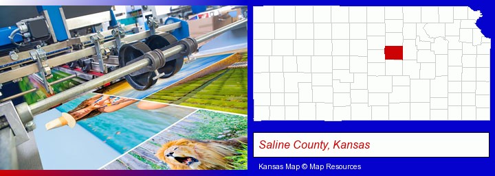 a press run on an offset printer; Saline County, Kansas highlighted in red on a map