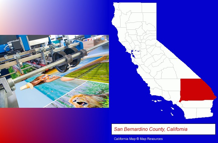 a press run on an offset printer; San Bernardino County, California highlighted in red on a map