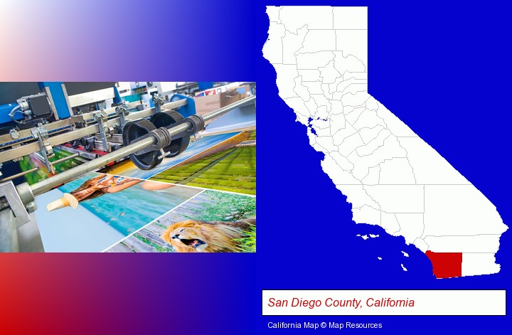 a press run on an offset printer; San Diego County, California highlighted in red on a map