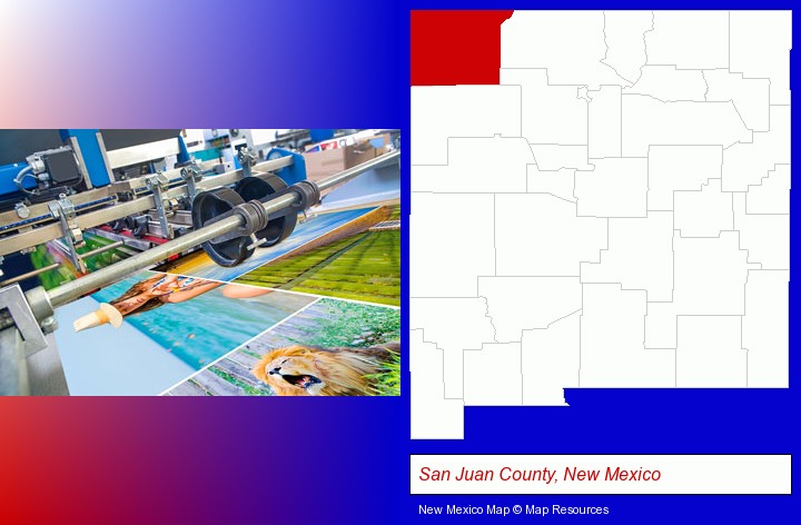 a press run on an offset printer; San Juan County, New Mexico highlighted in red on a map