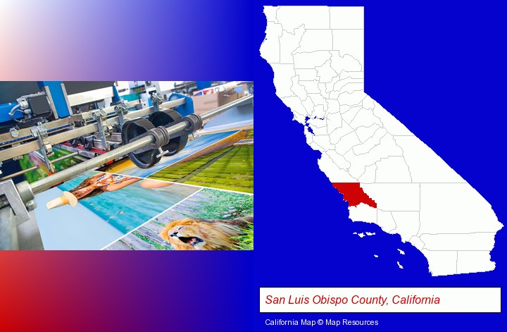 a press run on an offset printer; San Luis Obispo County, California highlighted in red on a map