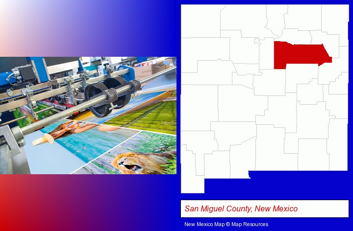 a press run on an offset printer; San Miguel County, New Mexico highlighted in red on a map