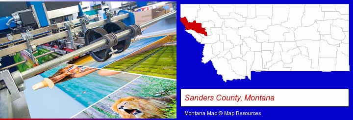 a press run on an offset printer; Sanders County, Montana highlighted in red on a map