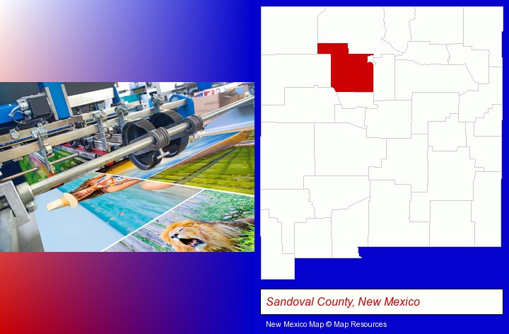 a press run on an offset printer; Sandoval County, New Mexico highlighted in red on a map