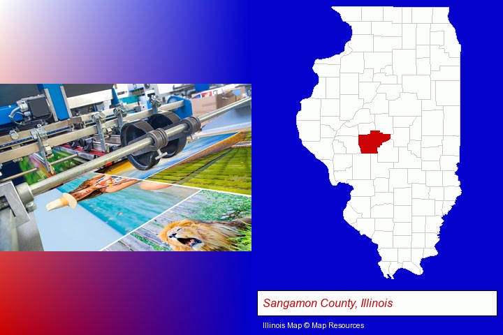 a press run on an offset printer; Sangamon County, Illinois highlighted in red on a map