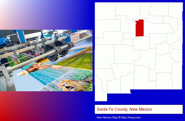 a press run on an offset printer; Santa Fe County, New Mexico highlighted in red on a map