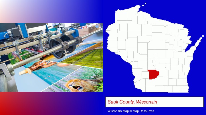 a press run on an offset printer; Sauk County, Wisconsin highlighted in red on a map