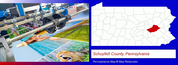 a press run on an offset printer; Schuylkill County, Pennsylvania highlighted in red on a map