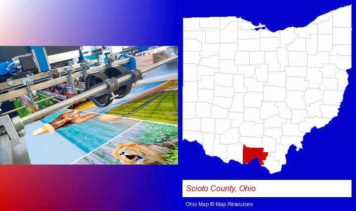 a press run on an offset printer; Scioto County, Ohio highlighted in red on a map