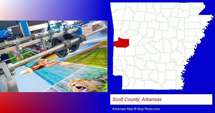 a press run on an offset printer; Scott County, Arkansas highlighted in red on a map