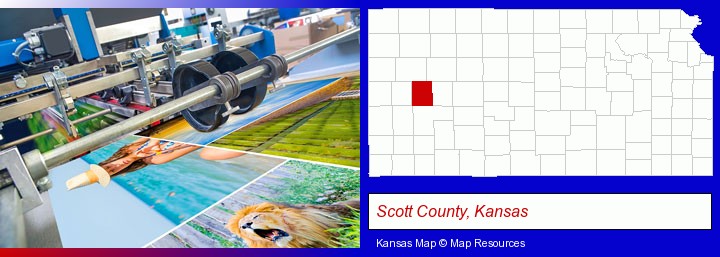 a press run on an offset printer; Scott County, Kansas highlighted in red on a map