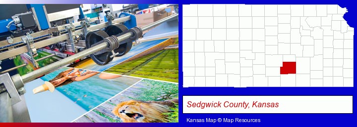 a press run on an offset printer; Sedgwick County, Kansas highlighted in red on a map