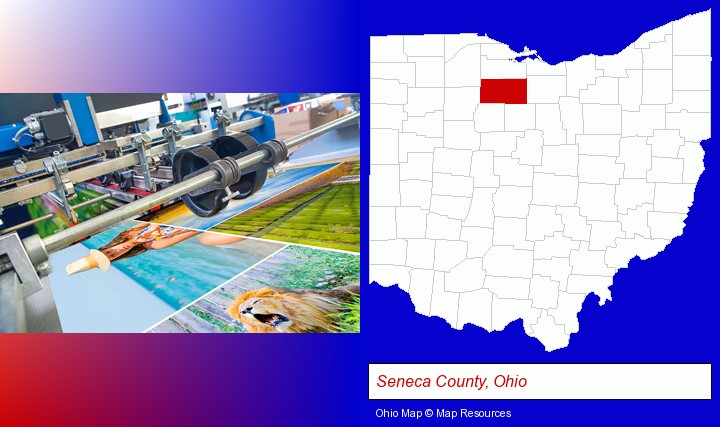 a press run on an offset printer; Seneca County, Ohio highlighted in red on a map
