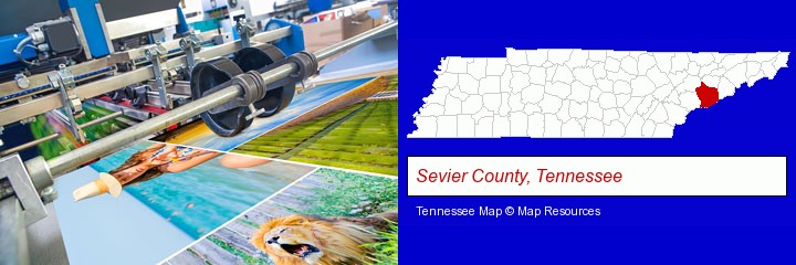a press run on an offset printer; Sevier County, Tennessee highlighted in red on a map