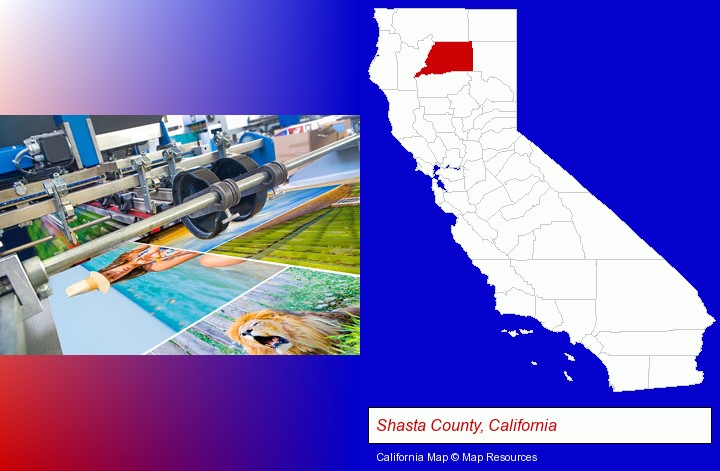 a press run on an offset printer; Shasta County, California highlighted in red on a map