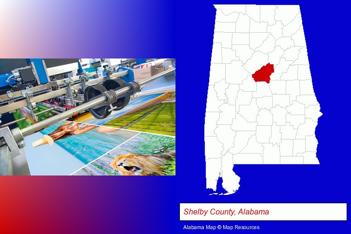 a press run on an offset printer; Shelby County, Alabama highlighted in red on a map