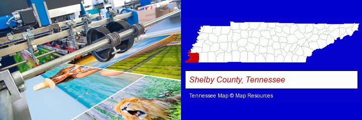 a press run on an offset printer; Shelby County, Tennessee highlighted in red on a map