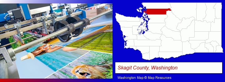 a press run on an offset printer; Skagit County, Washington highlighted in red on a map