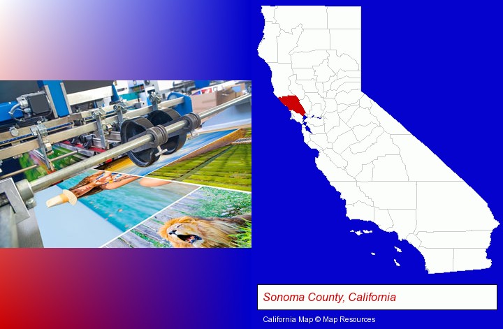 a press run on an offset printer; Sonoma County, California highlighted in red on a map