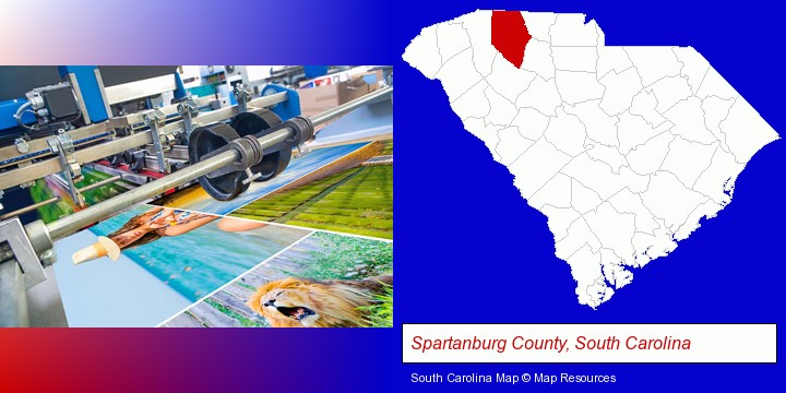 a press run on an offset printer; Spartanburg County, South Carolina highlighted in red on a map