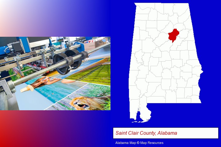 a press run on an offset printer; Saint Clair County, Alabama highlighted in red on a map